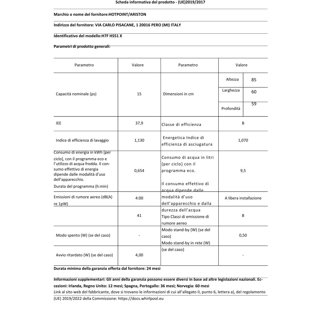 H7FHS51X - Lavastoviglie da 60 cm, 15 coperti, libera installazione, Inox, Classe energetica B