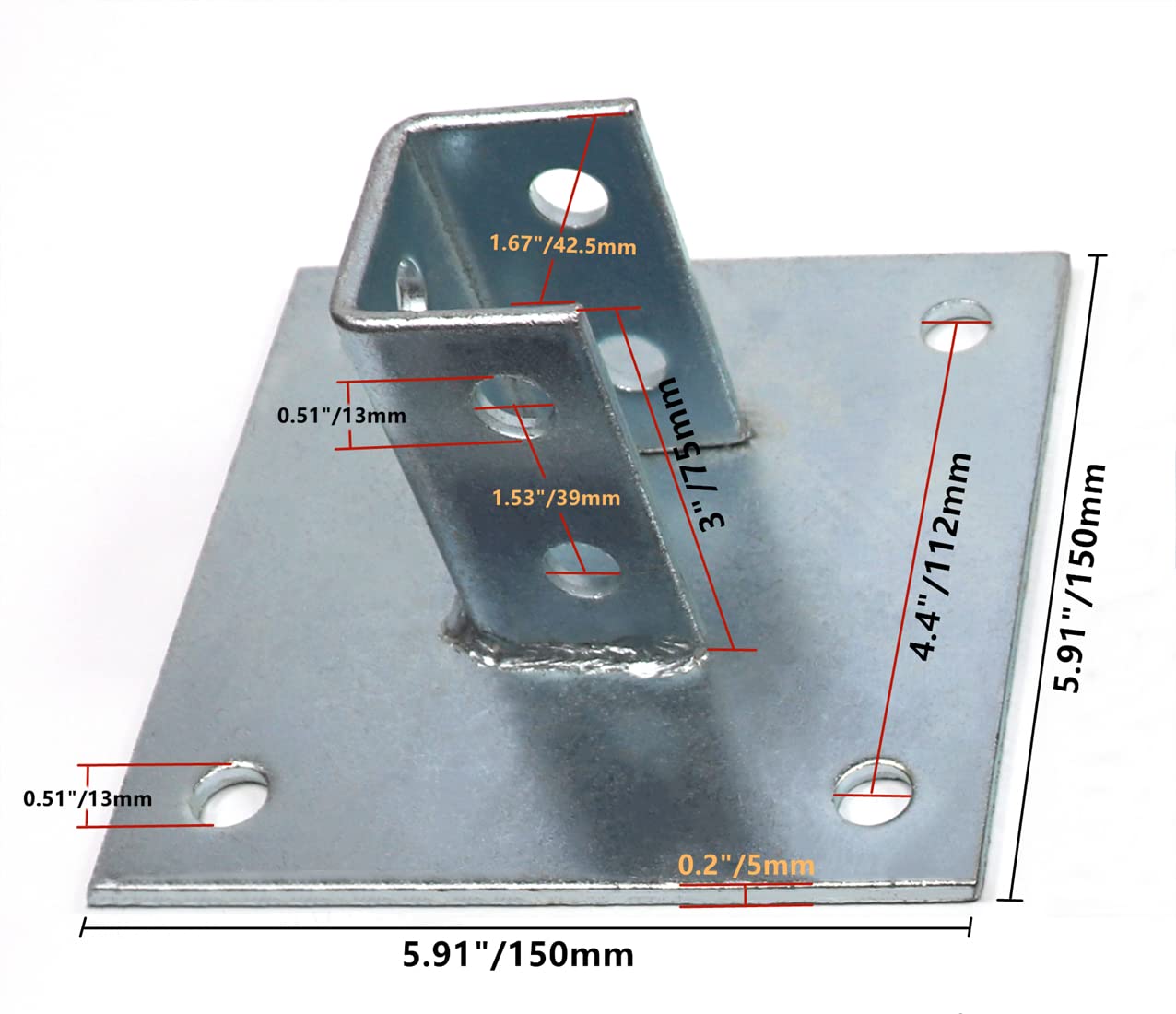 Post Base 4 Pack with Expansion Screws and Bolts for 1-5/8" Strut,Post Base Channel 4 Hole Square Galvanized Steel Rustproof for All 1-5/8" Single Strut Channel (Round Mounting Hole of Base)