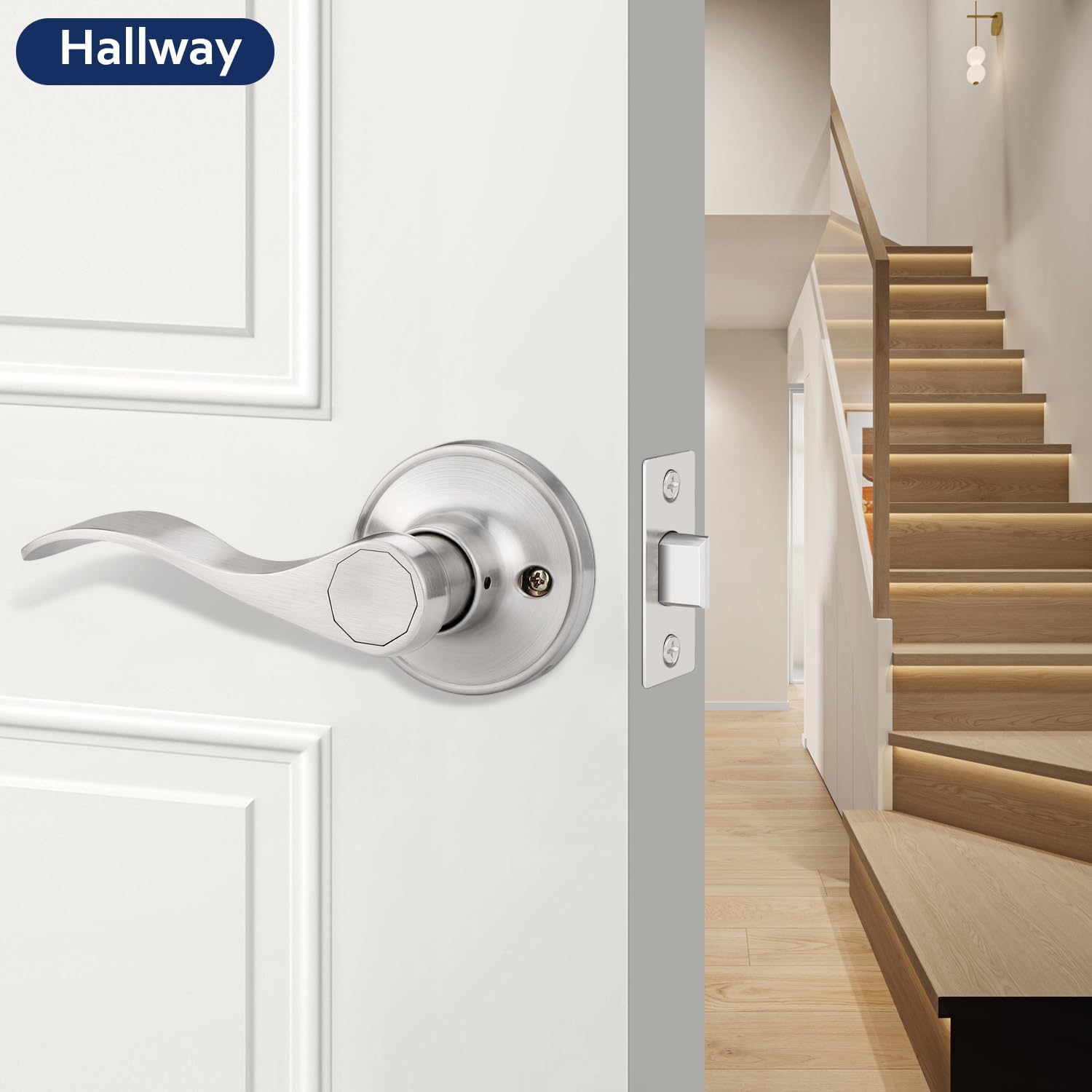 Hallway Closets Interior Door Knobs Lever Unlocking No Keys Passage Door Handles Brushed Nickel Finish-Wave Style Drop Door Levers Contemporary Satin Nickel Durable Door Hardware-2 Pack