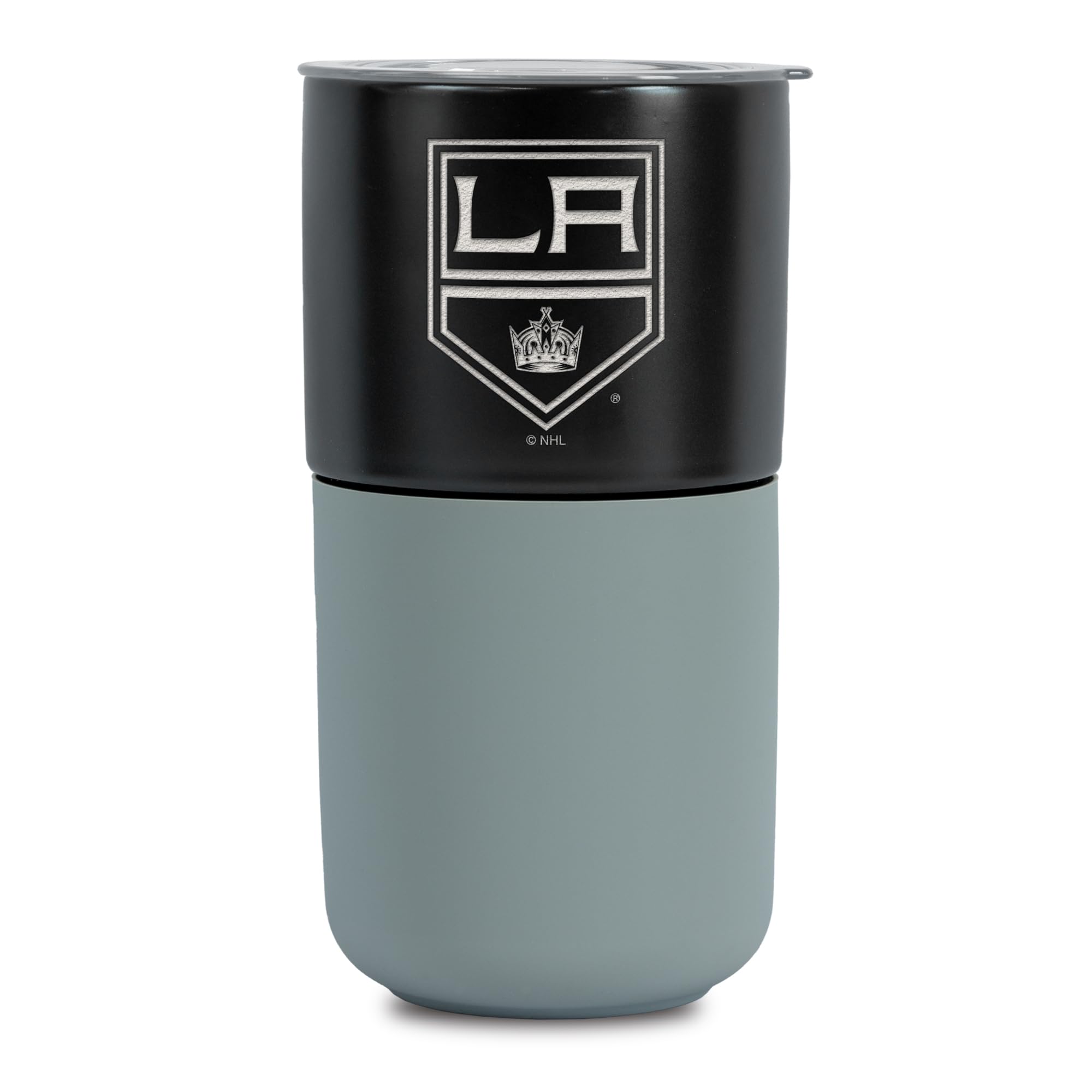 Rico Industries NHL Los Angeles Kings 16 oz Ceramic Tumbler with Silicone Grip, Deep Laser Engraved, Black and Gray Colored Design with Slide Lid, Travel Coffee Mug, Matte Glaze
