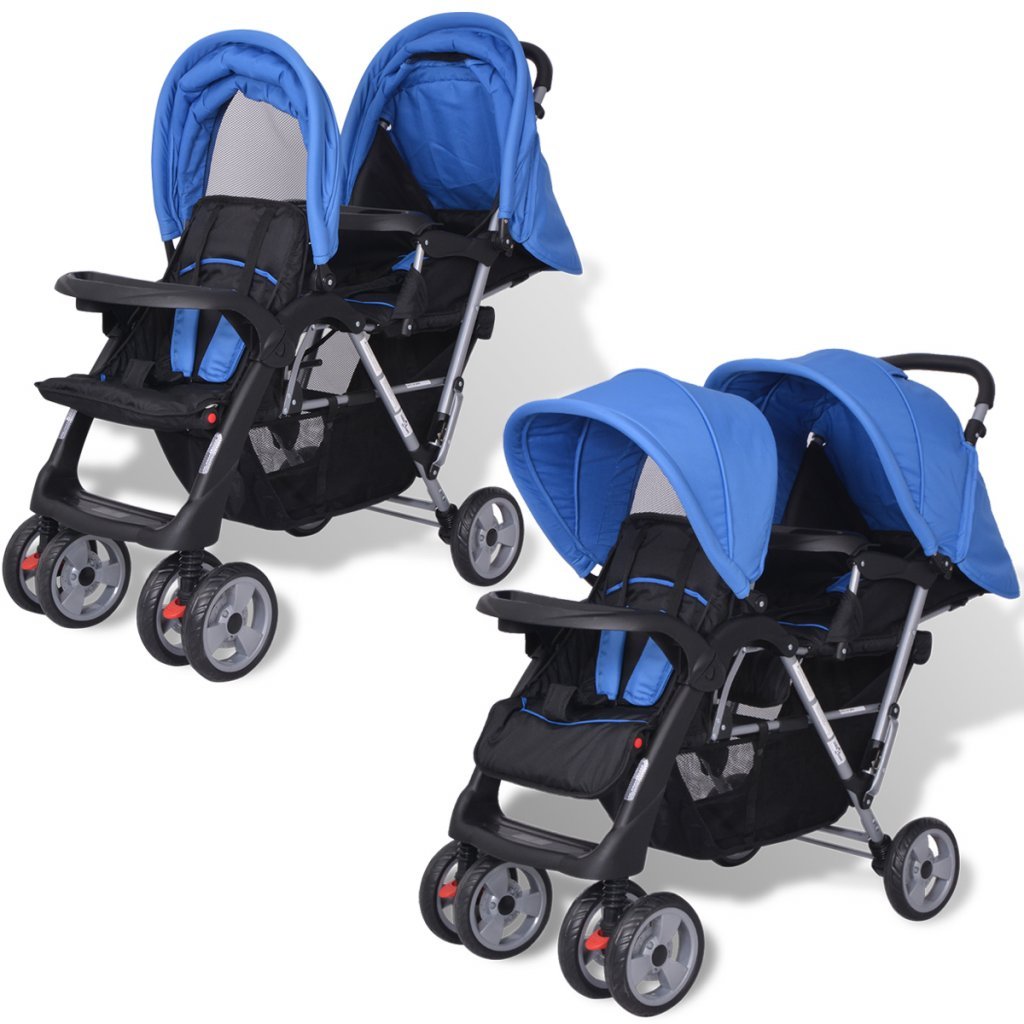 Festnight Geschwisterwagen Kinderwagen Geschwisterkinderwagen aus Stahl + Oxfordgewebe für 1-2 Kinder bis zu je 15kg - Blau und Schwarz