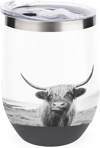 Scottish Highland Cow - Vaso de vino de viaje, taza de café de acero inoxidable con tapa, regalo para hombres y mujeres, 12 onzas