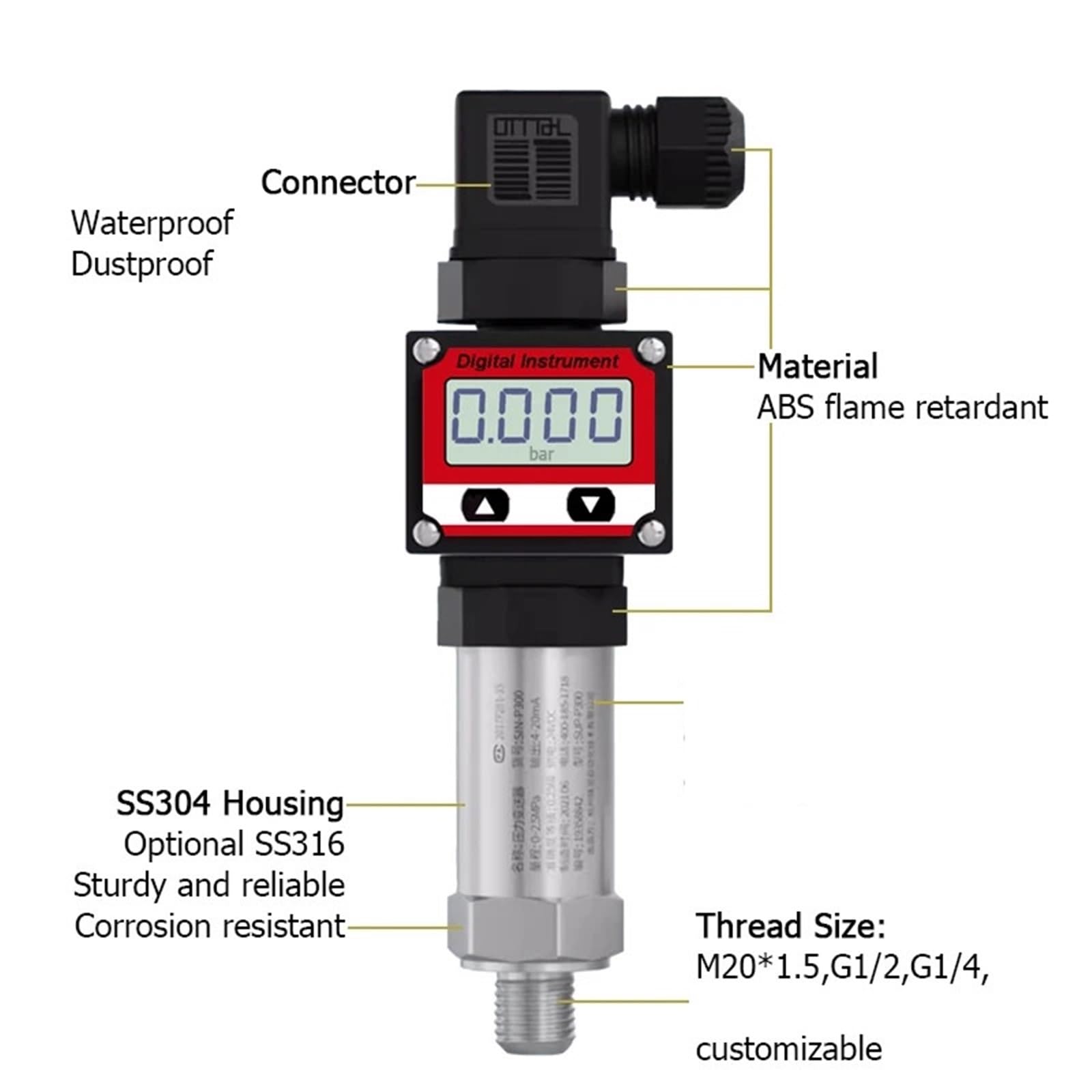Transmisor de presión con pantalla LCD, salida RS485 4-20 mA, 0-5 V, 10, for agua, gas y aceite. Sensor Transductor vacío negativo Alta precisión(M20*1.5,0～6MPA)