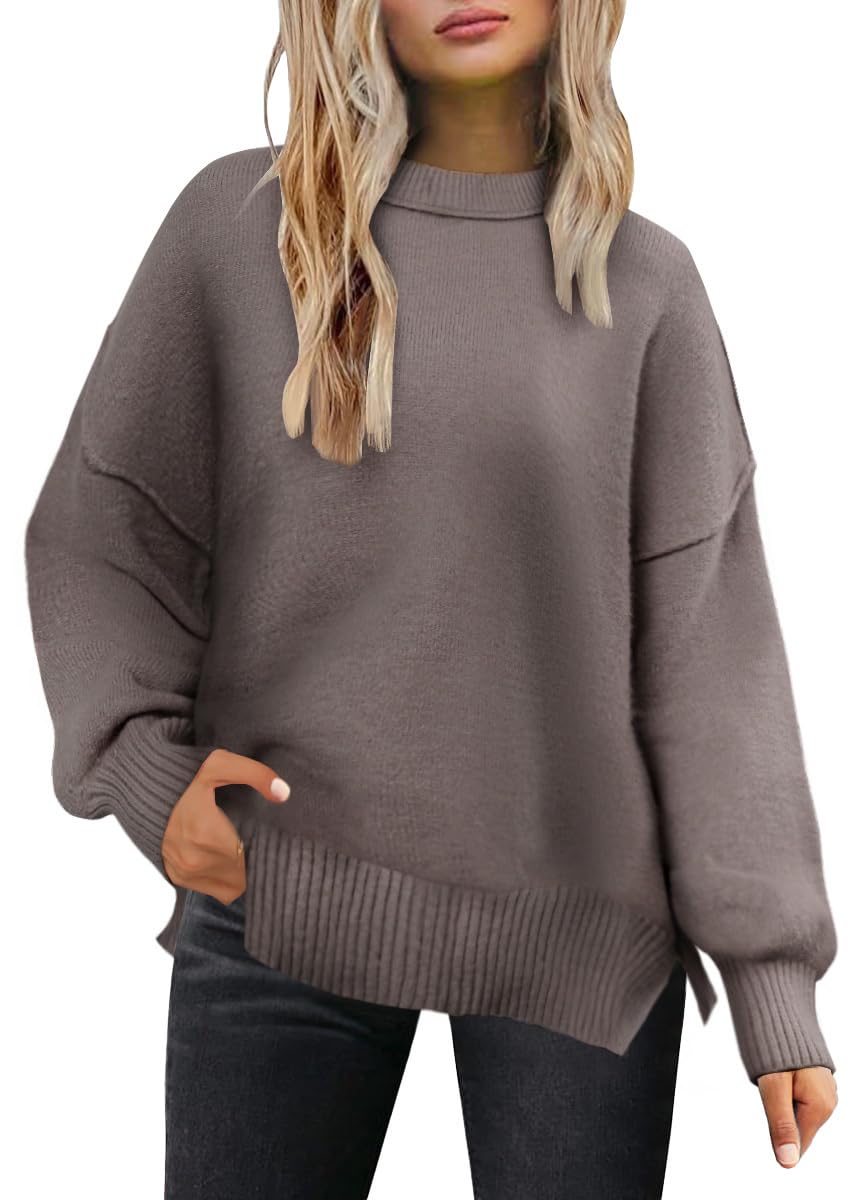 Lylinan Cozy Oversized Sweater for Women Side Slit Knit Pullover Crewneck Top for Fall Winter Outfits XS-XXL