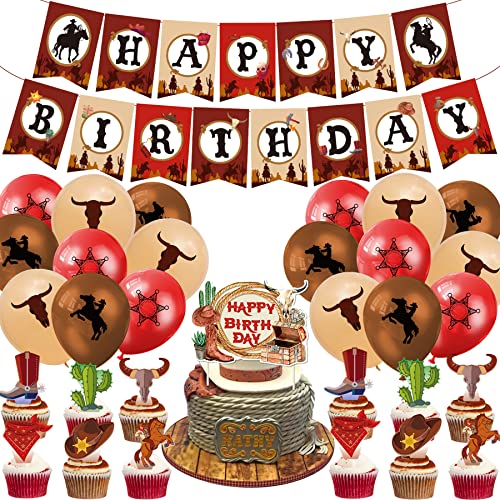 Western Cowboy Birthday Party Supplies Set Western Cowboy Happy Birthday Banner Balloons Cake Topper Spirals Western Horse Party Favors For Western Cowboy Theme Party Decoration #TOP6