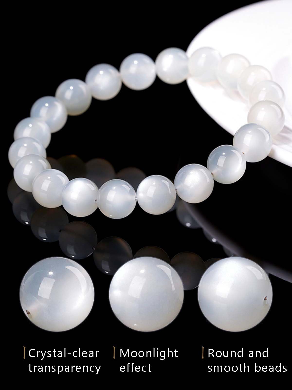 Elegante Pulsera de Cuentas Redondas de Piedra Lunar Blanca