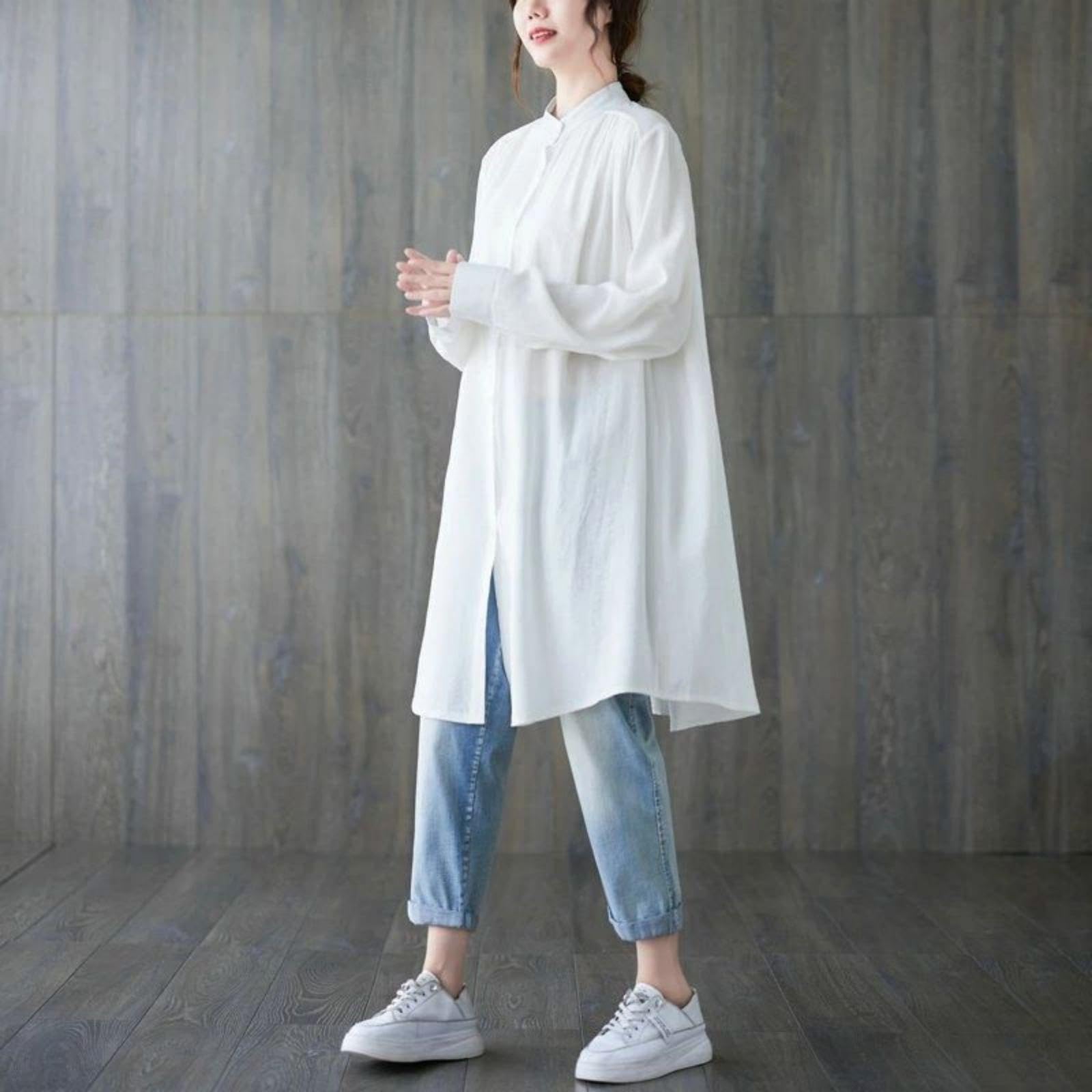 Amazon.co.jp: 白シャツ 体型カバー カジュアル ロングシャツ フレア 