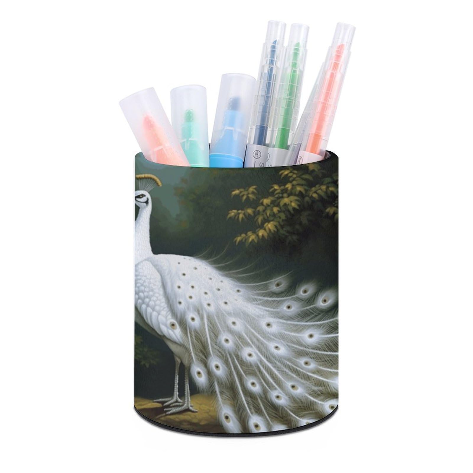 NONHAI Lether Pen Holder for Desk, White Peacock Pencil Holder Organizers for Desktop, Pencil Cup Stationery Organizer for Office Desk Accessory, Square Makeup Brush Srotage Box Pencil Caddy