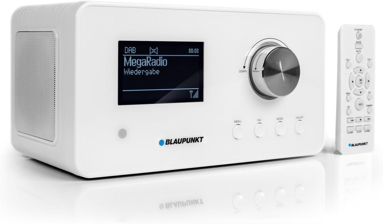 Spredaj view of Blaupunkt IRD 30 WH with display, controls, and remote