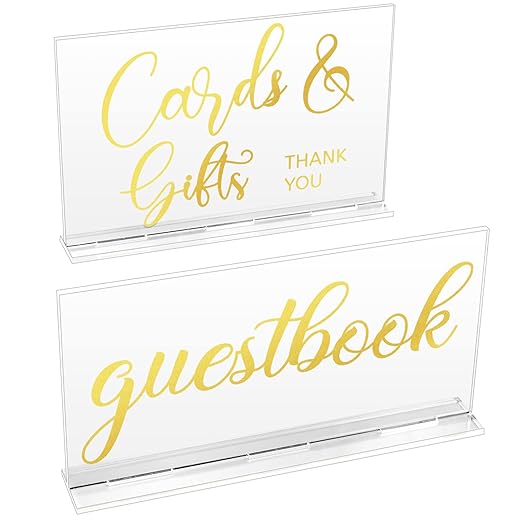 Yulejo 2 Pieces Acrylic Wedding Reception Sign Guest Book Sign Cards and Gifts Wedding Sign with Stand Rustic Farmhouse Hanging for Wedding Cabin Beach Party Home Decor, 2 Styles (Gold Printing)