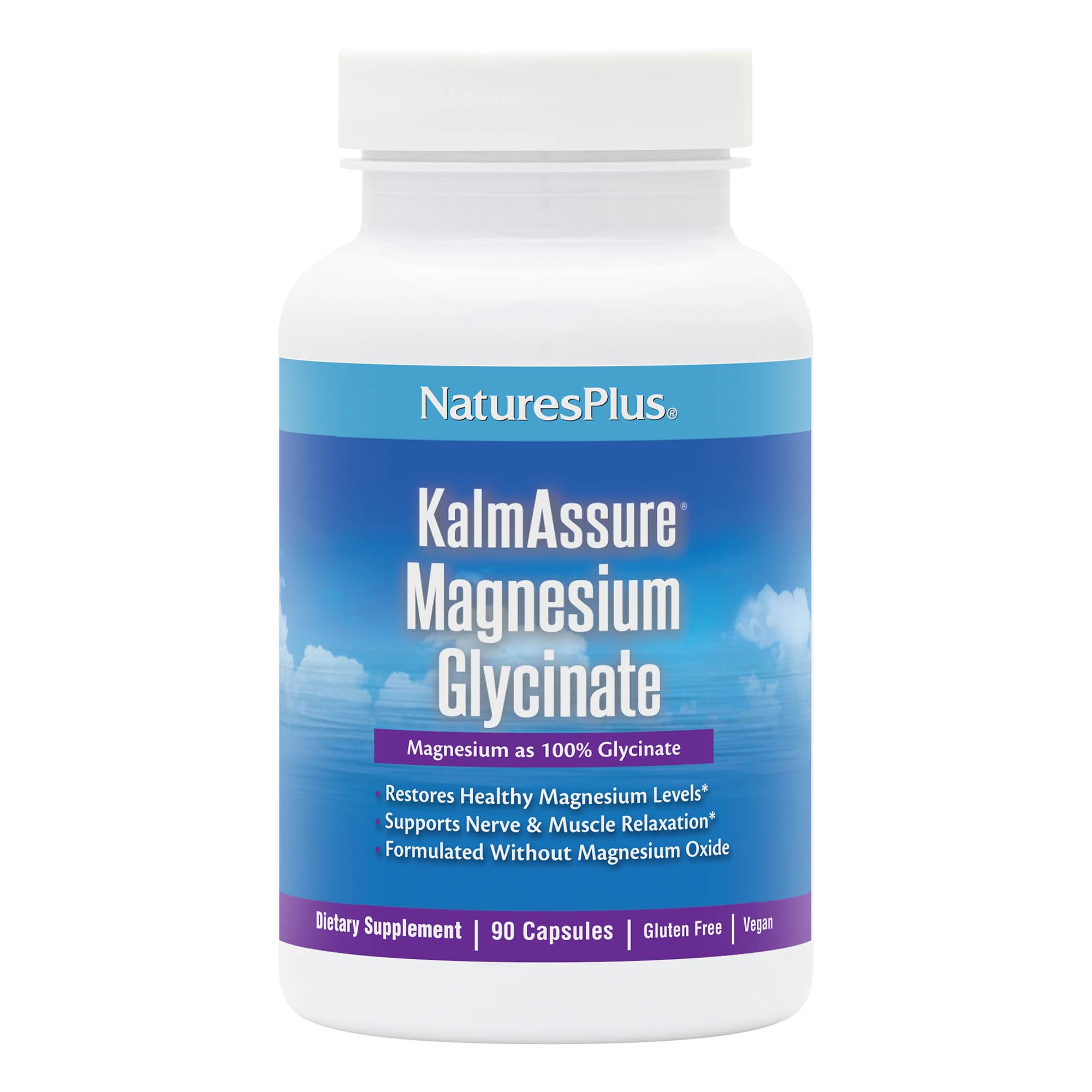 NaturesPlus KalmAssure Magnesium Glycinate - 90 Vegan Capsules - Supports Nerve & Muscle Relaxation - Formulated Without Magnesium Oxide - 30 Servings