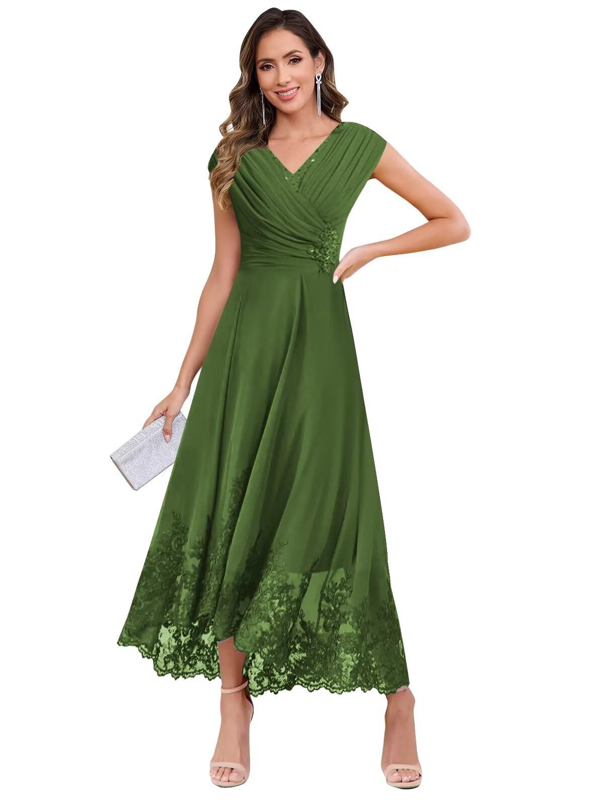 Aootumi Tea Length Mother of The Bride Dresses Chiffon Lace V Neck Cap Sleeve A Line Long Formal Wedding Guest Dress