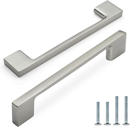 Paquete de 10 tiradores de barra de gabinete de níquel cepillado de 5 pulgadas (5.039 in) con agujero central de pie ancho, manijas cuadradas de