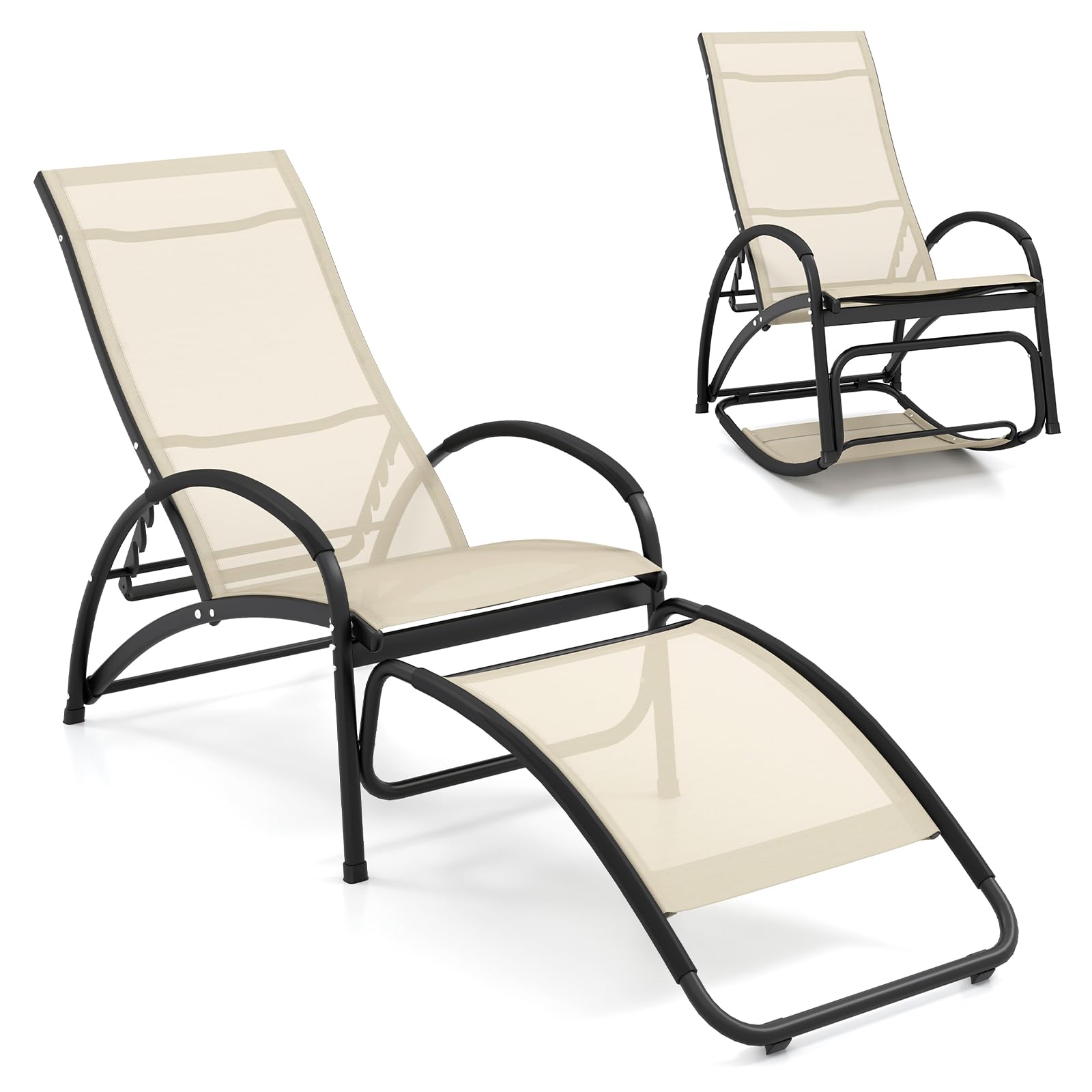 COSTWAY Tumbonas Mecedora Jardin 2 en 1, Tumbona Jardin Exterior de 4 Posiciones, Reposabrazos Curvados, Marco de Aluminio, Tumbona Reclinable Jardin Playa Piscina (Beige)