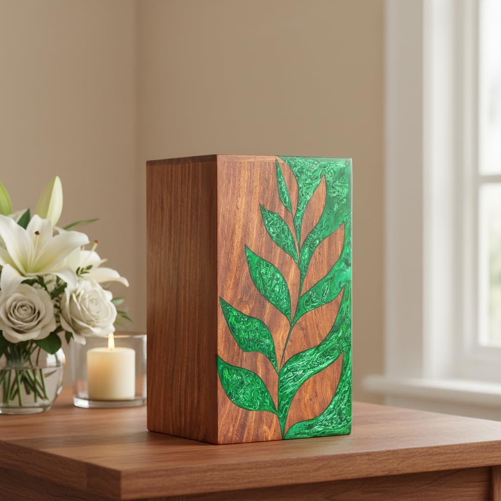 Urn for Ashes Adult Male - Cremation Urns for Human Ashes, Burial Urns, Wooden Urn, Decorative Urn, Urns for Ashes for Women – Green Leaf (Medium)