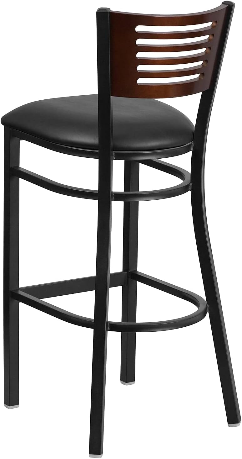 Flash Furniture 2 Pk. HERCULES Series Black Slat Back Metal Restaurant Barstool - Walnut Wood Back, Black Vinyl Seat
