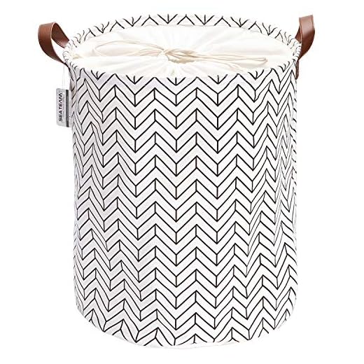 Sea Team Pilmönster Tvättstomme Kanvas Tyg Tvättkorg hopfällbar förvaringsfack med PU-läderhandtag och dragsko, 19,7 x 15,7 tum, vattentät inre, svart