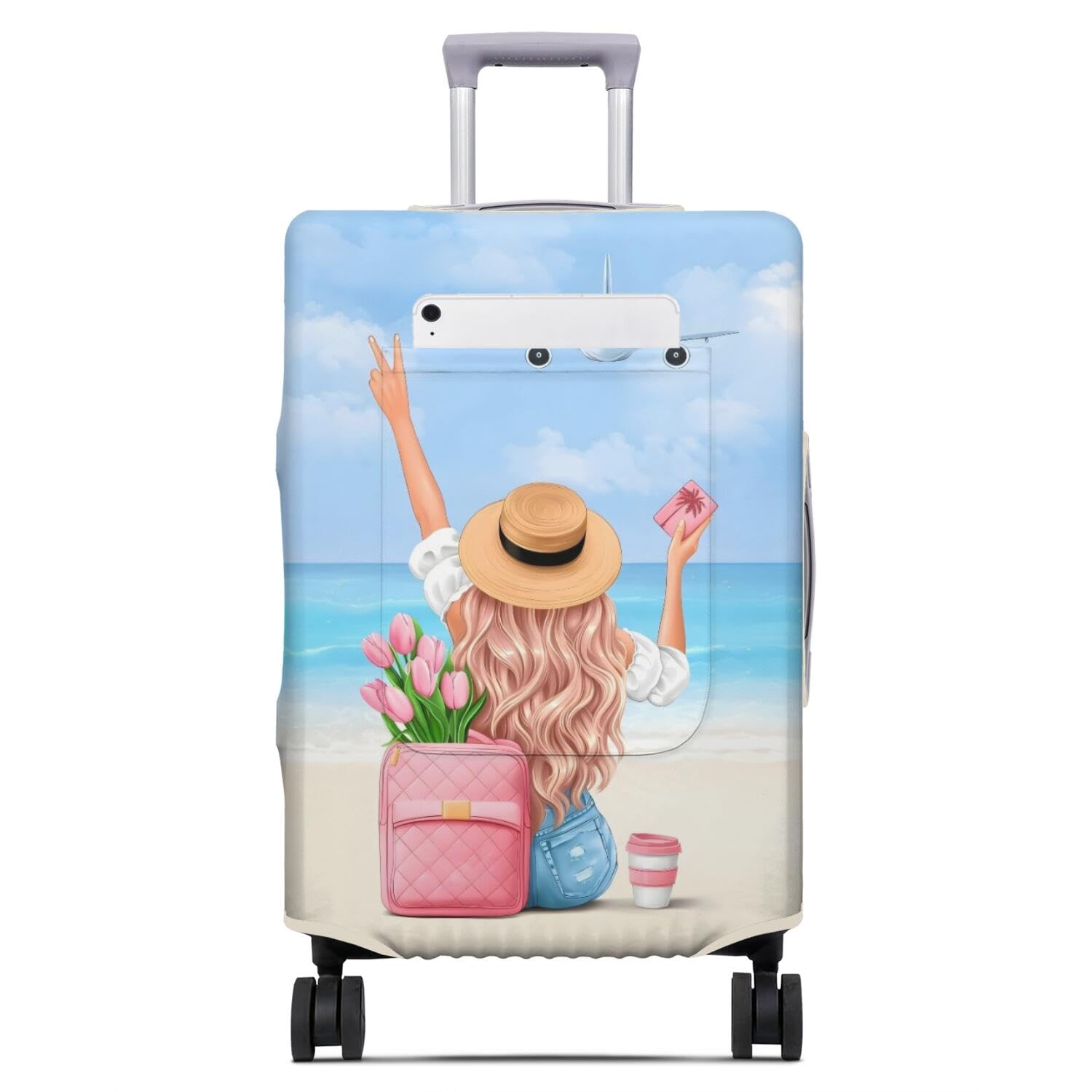 Vehcimbev Holiday Beach Luggage Cover Washable Elastic Gir/Women Aeroplane Travel with Pocket Suitcase Cover Anti-scratch Suitcase cover Fits 29-32
