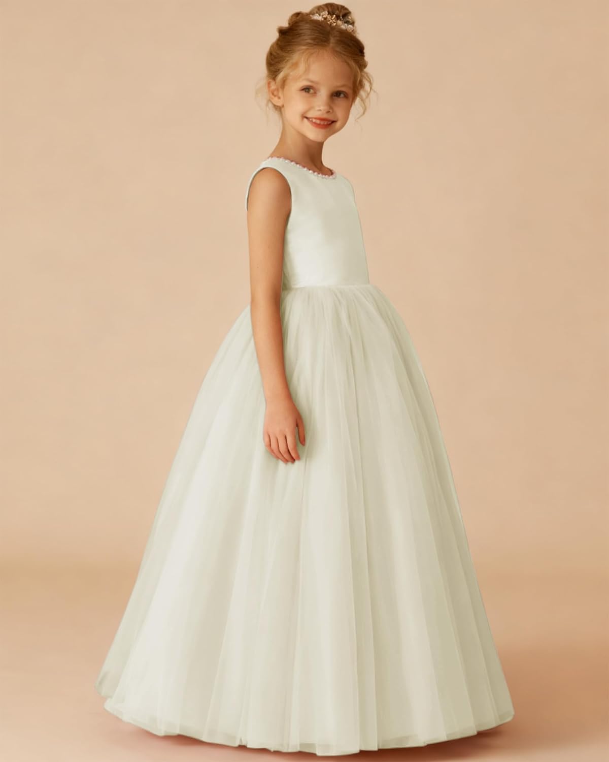O-Neck Flower Girl Dress Satin Tulle First Communion Dresses Wedding Party Gown Pearls with Bowknot