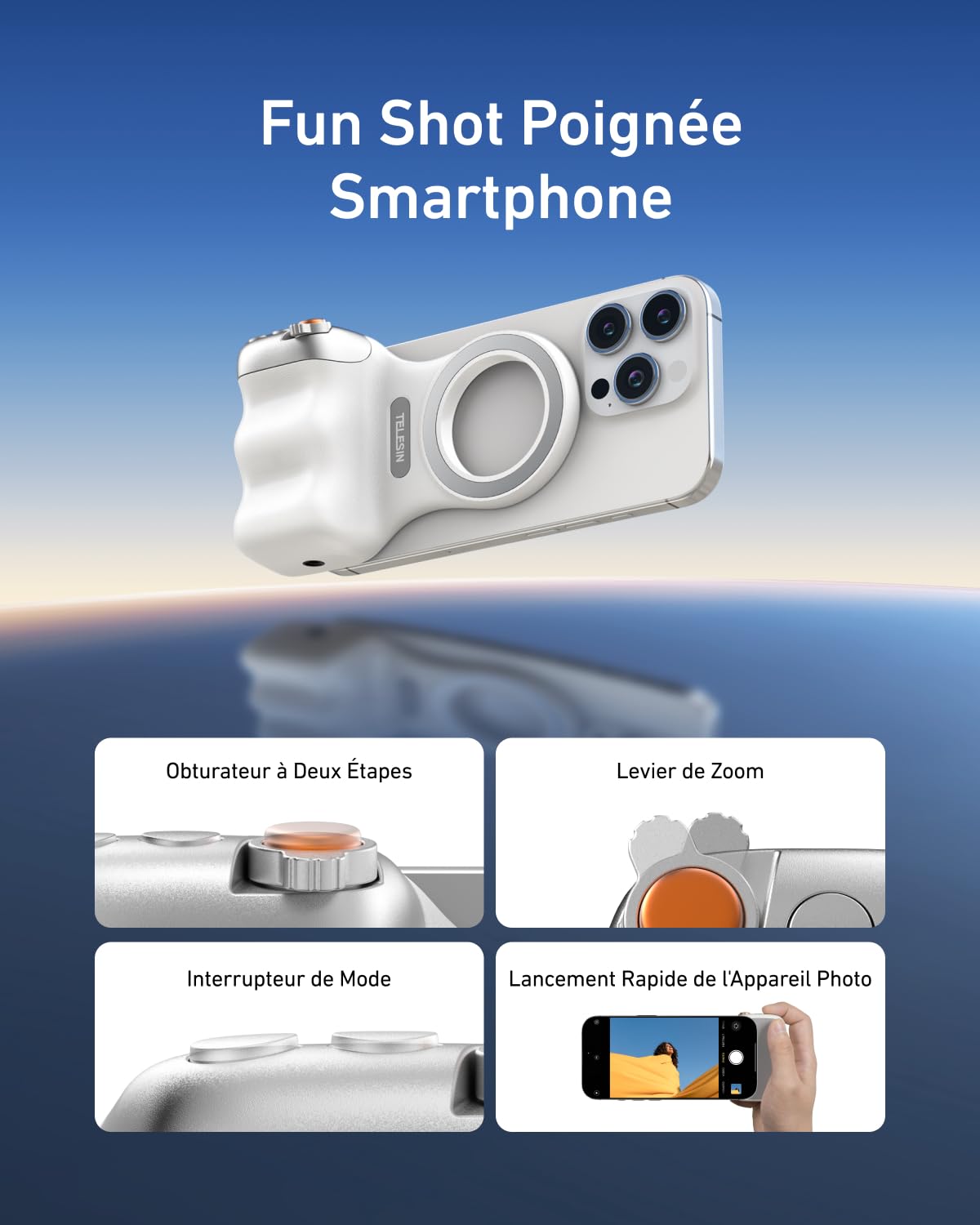TELESIN Fun Shot Smartphone Handle Grip + C03 Lampe Selfie (Blanc) + Trépied Métal, Poignée Caméra Smartphone Creator Kit avec Détachable Télécommande Bluetooth, Compatible iPhone/MagSafe/Android