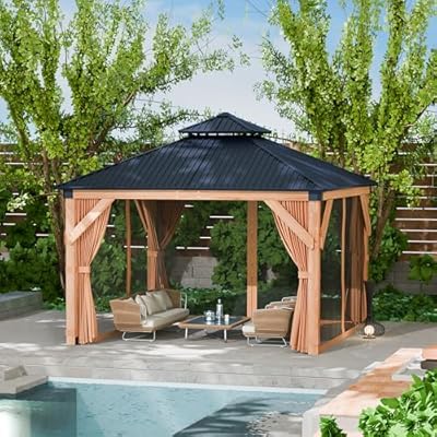 DEXSO 12 x 12 ft Wood Gazebo, Upgrade Wooden Frame, Double Galvanized Steel Roof, for Backyard, Patio, Garden and Lawn