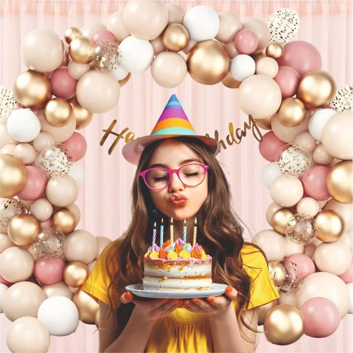 Image of Happy Birthday Decoration Kit for Girls - 58 Pcs Golden Chrome, White & Dusty Pink Balloon with Banner | Happy Birthday Banner For Decor | Birthday Decorations for Wife