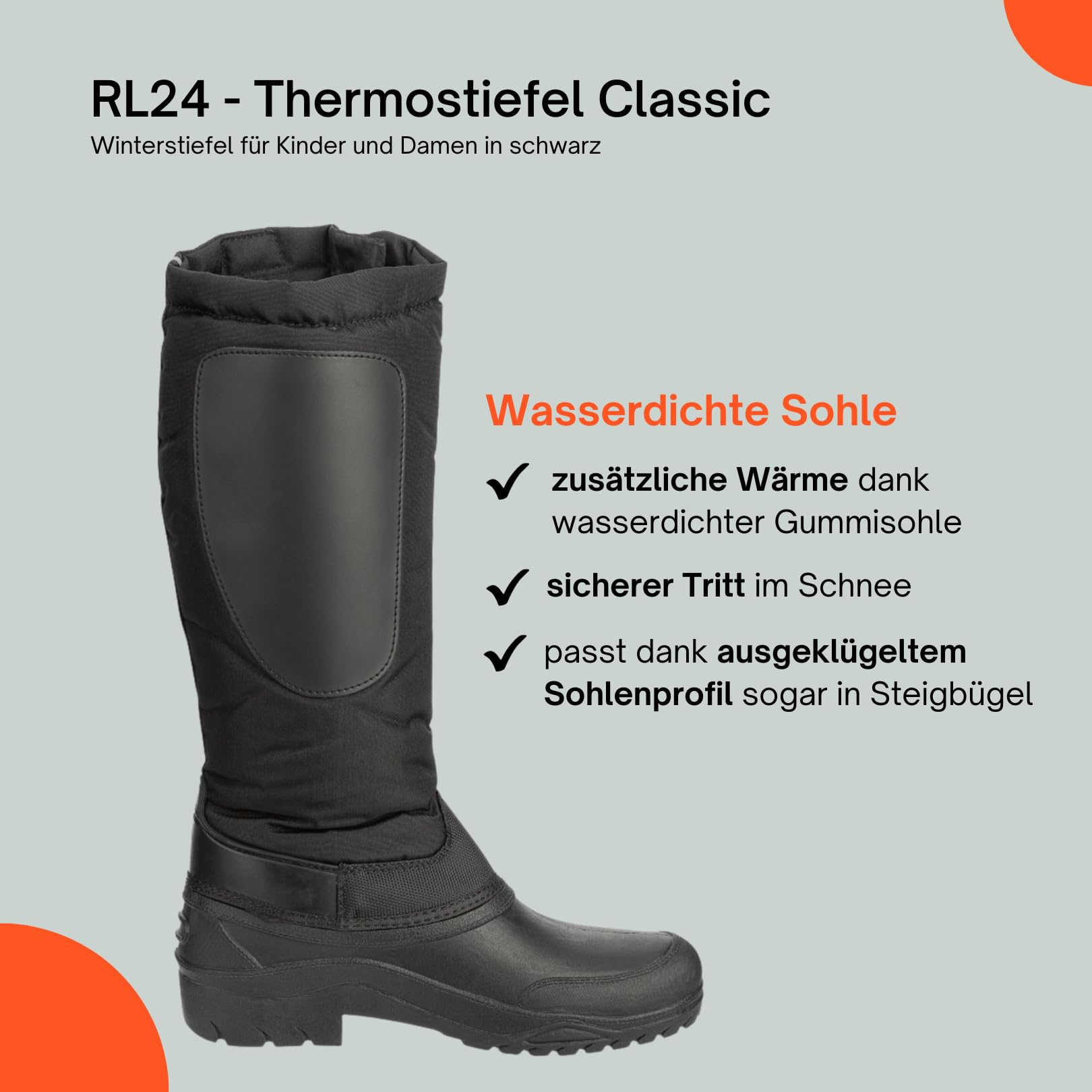 RL24 - Kinder & Damen Thermostiefel Classic schwarz | wasserdichte Winterstiefel | mit Klettverschlüssen für verstellbare Wadenbreite | gefütterte Schneestiefel | Reitstiefel in Größen 31-45