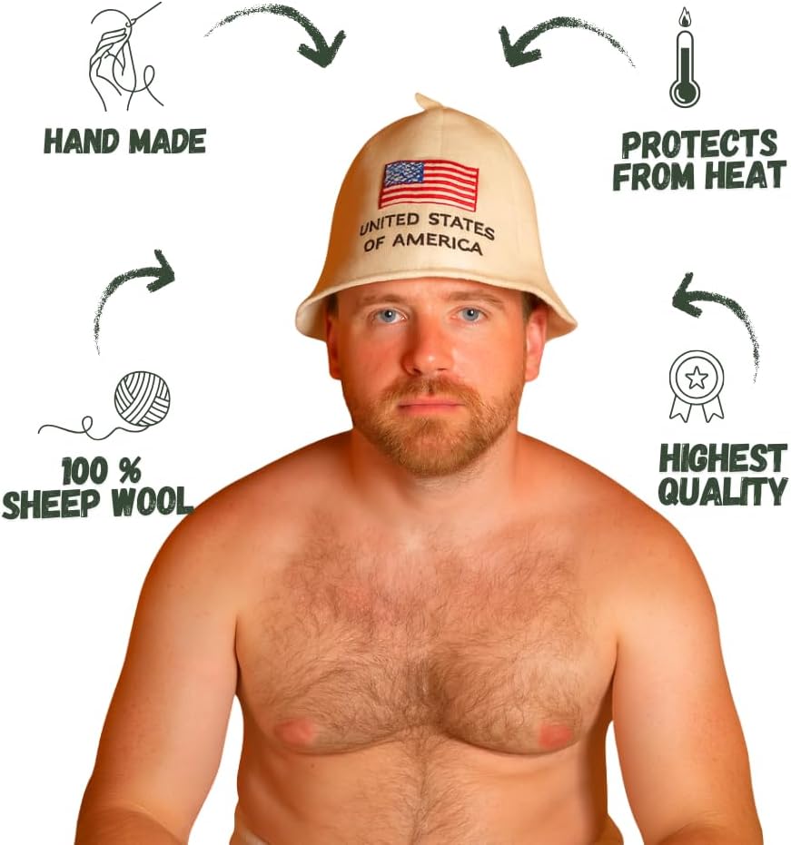 Natural Sauna Hat 'USA' White - 100% Organic Wool Felt Sauna Hat for Men and Women for Russian Banya - Protects Head from Heat - eBook Guide Included – Embroidered