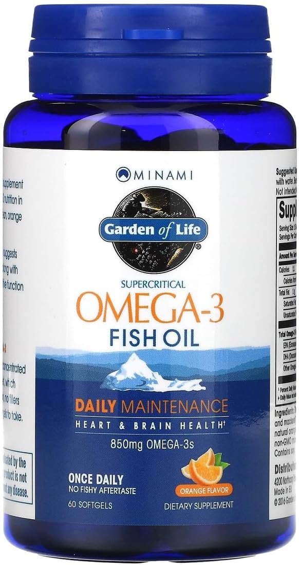 Garden of Life Fish Oil Omega 3 EPA/DHA for Natural Brain Function, Heart & Mood, 850mg Fatty Acid Supplements, Minami - Orange Flavor Ultimate Once Daily, 60 Softgels | Two Month Supply, Gluten Free