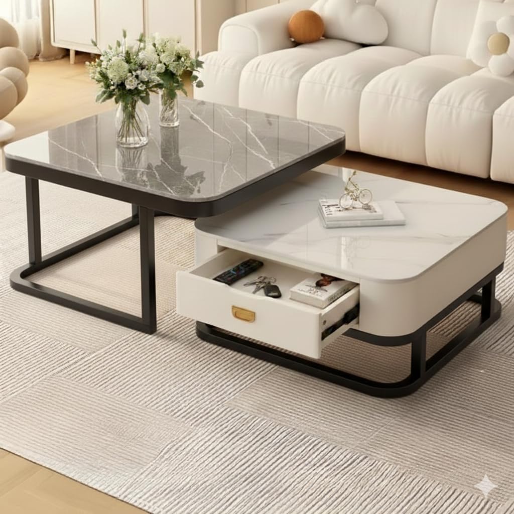 modern nesting coffee table set with marble finish top & black metal frame space saving center table contemporary nesting tables for living room, home & office (black & white-grey)