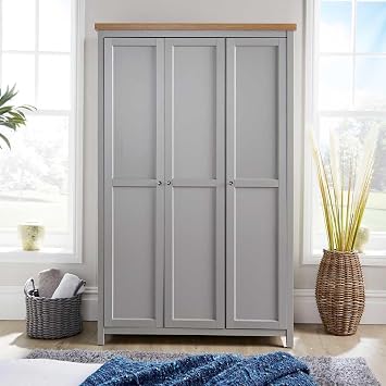 Home Source 3 Door Wardrobe, Wooden Hanging Rail Storage Shelves, Oak Effect, Grey
