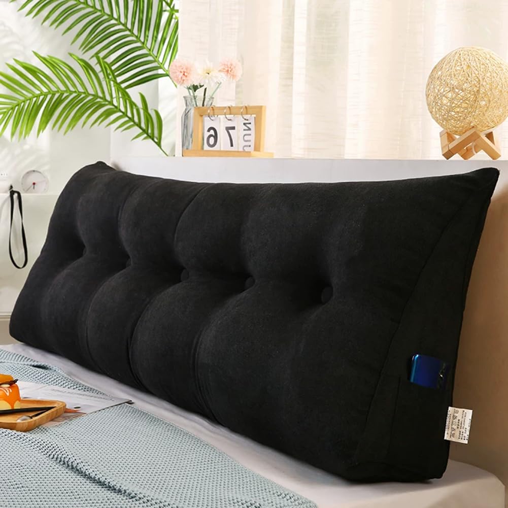 Cojín de apoyo lumbar de cuña triangular con cabecero extraíble, almohada de lectura y cojín de posicionamiento suave para sofá cama, color negro (180 x 50 x 20 cm)