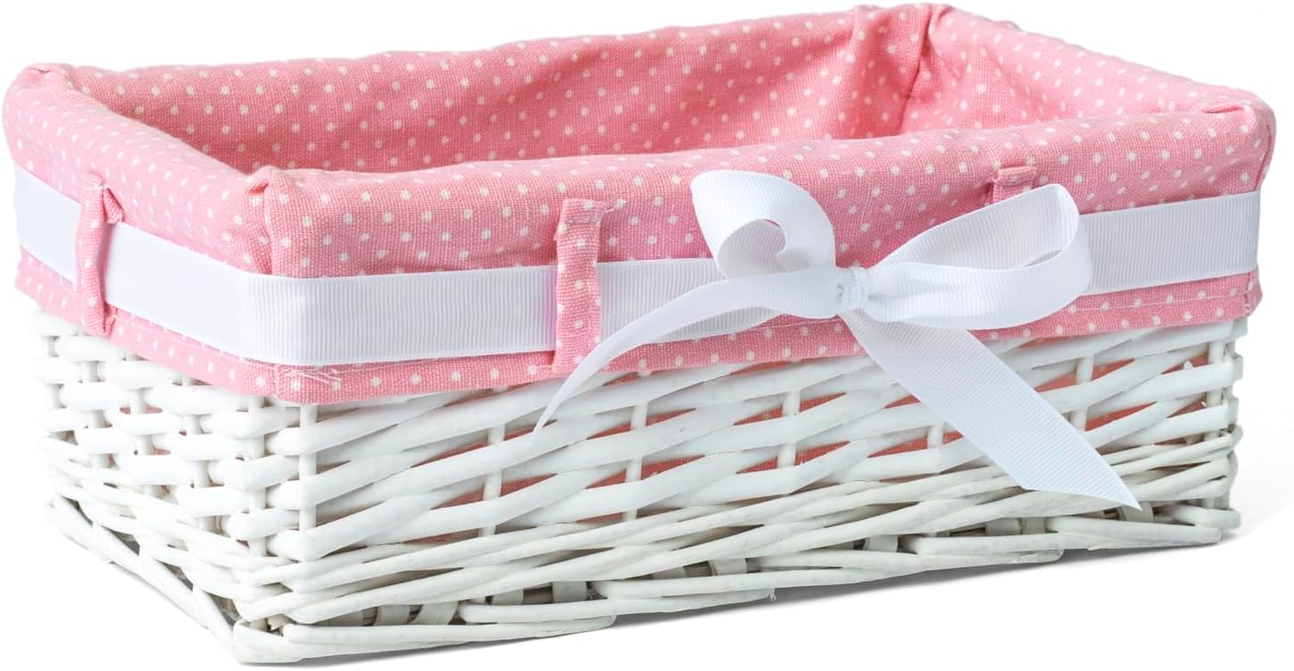 Woodluv Rectangular White Willow Wicker Hamper Storage Basket With Pink Dot Linning (Gift Hamper Basket) - Small
