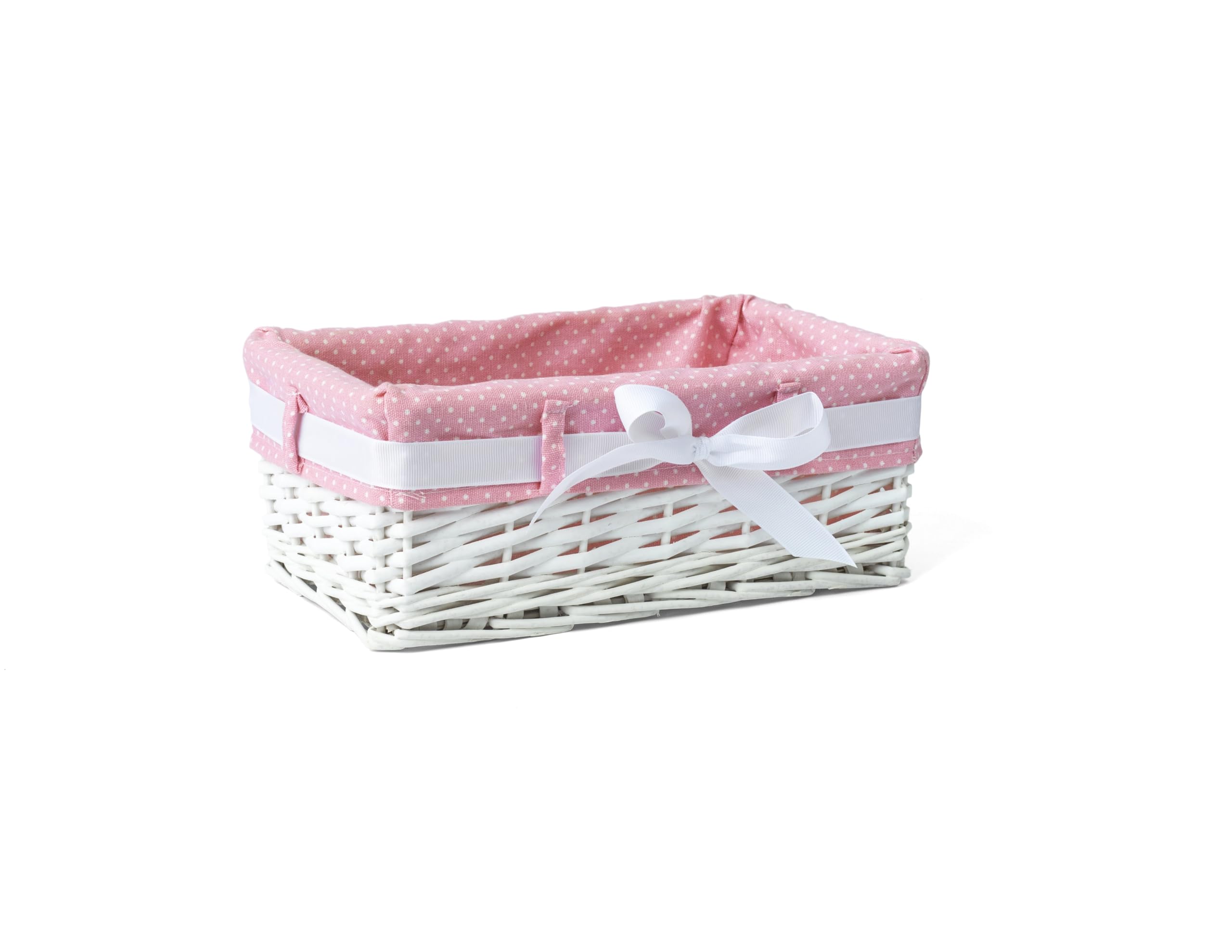 Woodluv Rectangular White Willow Wicker Hamper Storage Basket With Pink Dot Linning (Gift Hamper Basket) - Small