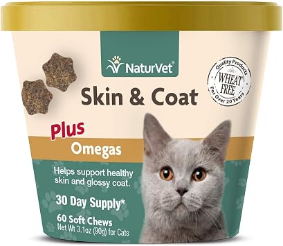 NaturVet Skin & Coat Plus Omegas for Cats 60 Soft Chews | Supports Healthy Skin & Glossy Coat | Enhanced with Omega-3, Omega-6 & Biotin | 30 Day Supply