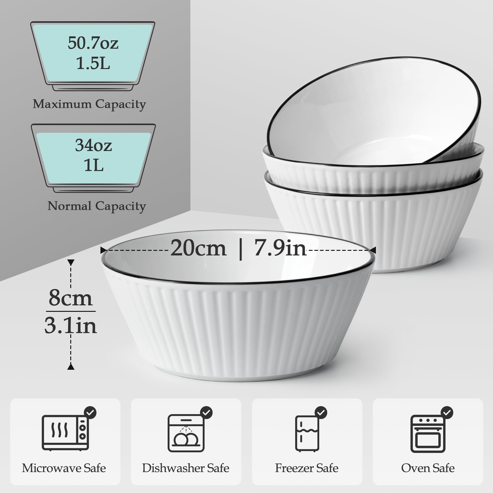 Set 4 Bols à Salade 1500ml NUTRIUPS 20cm - Céramique Rayée Élégante Micro-ondes & Lave-vaisselle