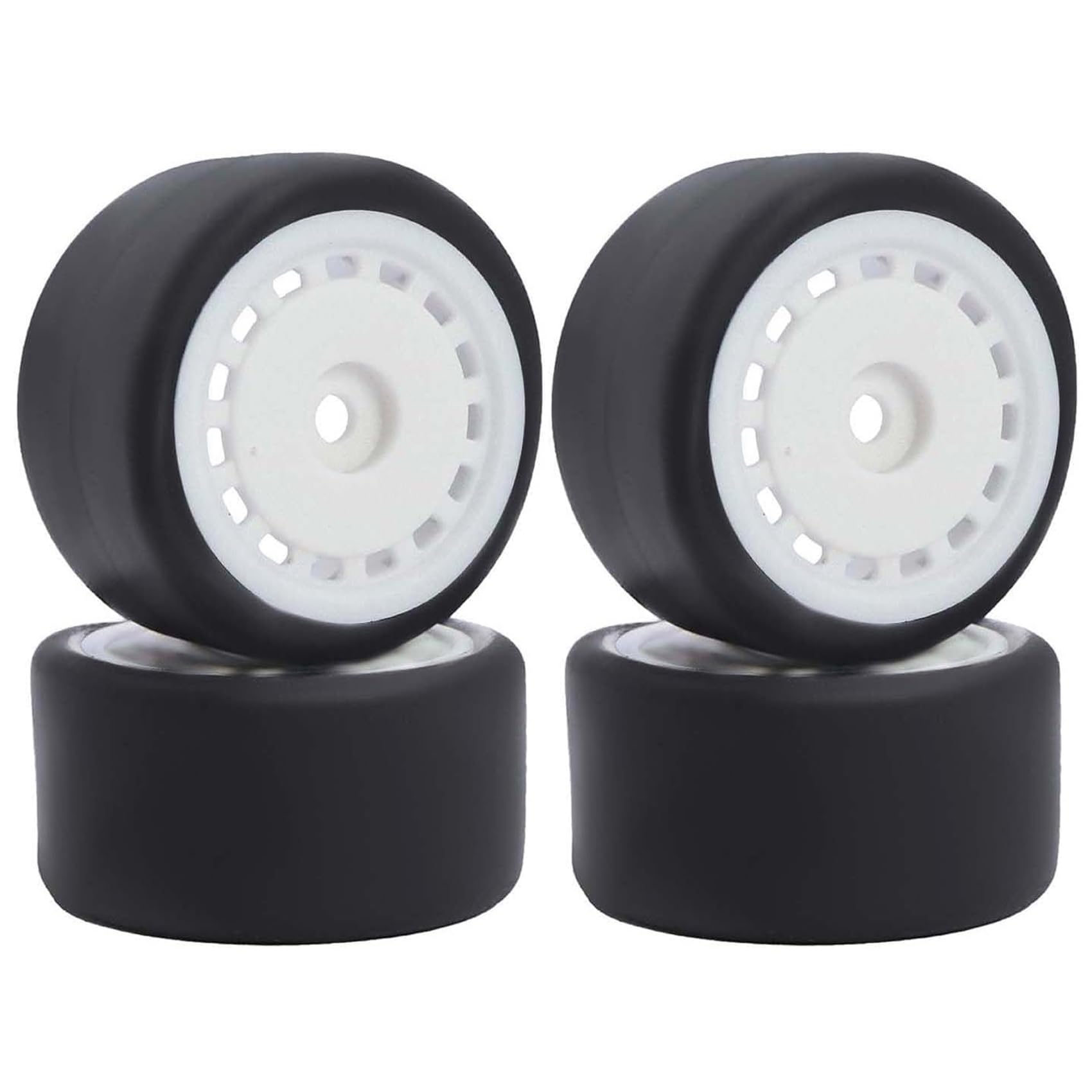 KINGCOO 4PCS Pre-Mounted On-Road Drift Racing Smooth Rubber Tires and Wheel Rims Set 7MM Hex for 1/28 Losi Micro-T WL244016 RC Car Upgrades Parts (White)