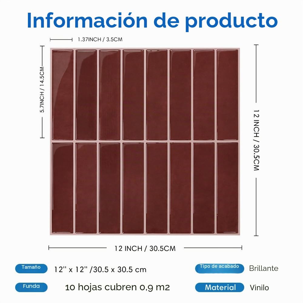 Azulejos Adhesivos Cocina Rojo oscuro, 10 Piezas 30.5 x 30.5 cm, Azulejos Autoadhesivos 3D, Línea Recta Vertical, Baldosas Adhesivas de Vinilo para Salpicadero en Cocina y Baño, Impermeables