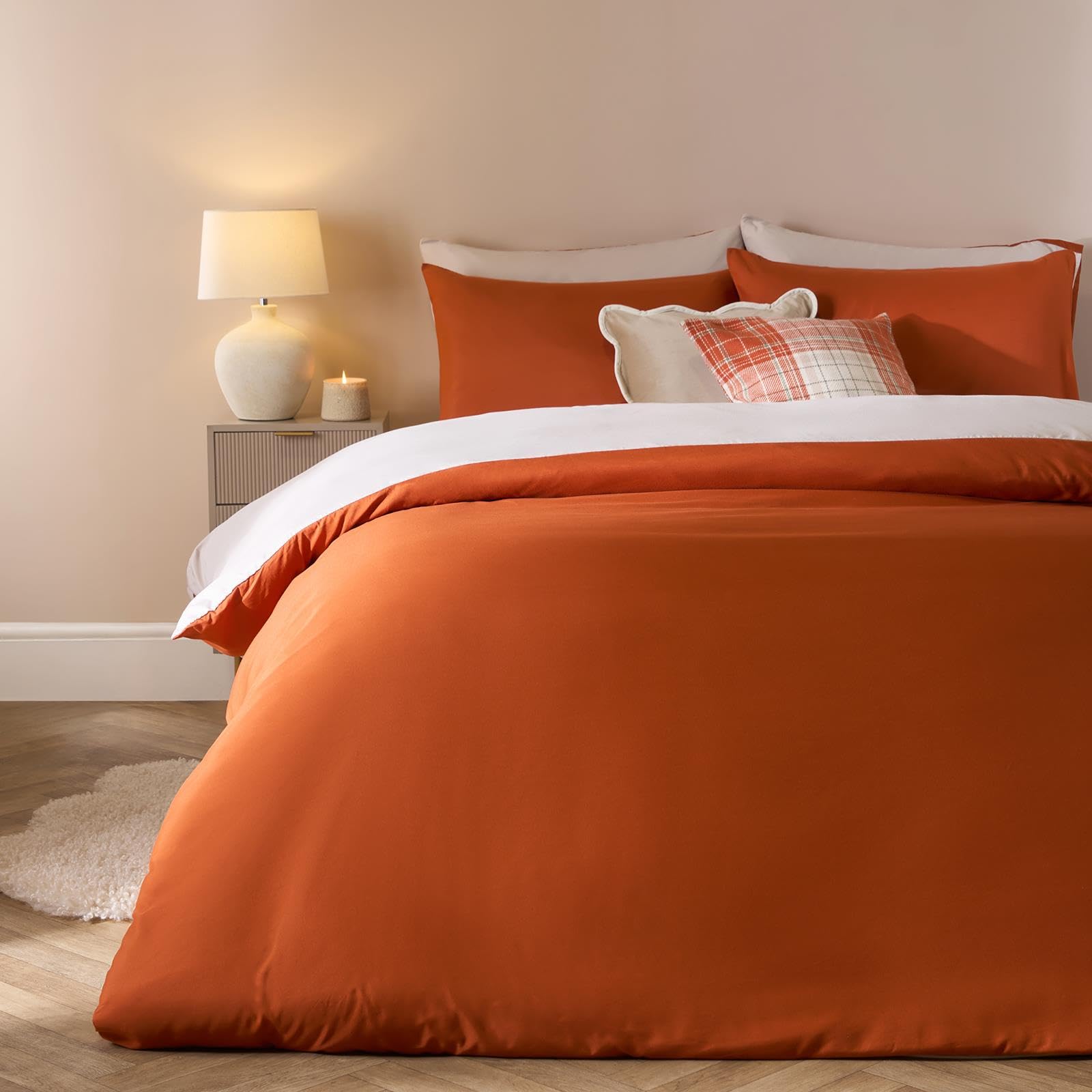 Brentfords Rust/Stone Double Bedding Quilt Cover Set Reversible, Super Soft Cosy Warm Microfibre Polyester Double Duvet Set Modern Comfy Bedding With Matching Pillowcases,