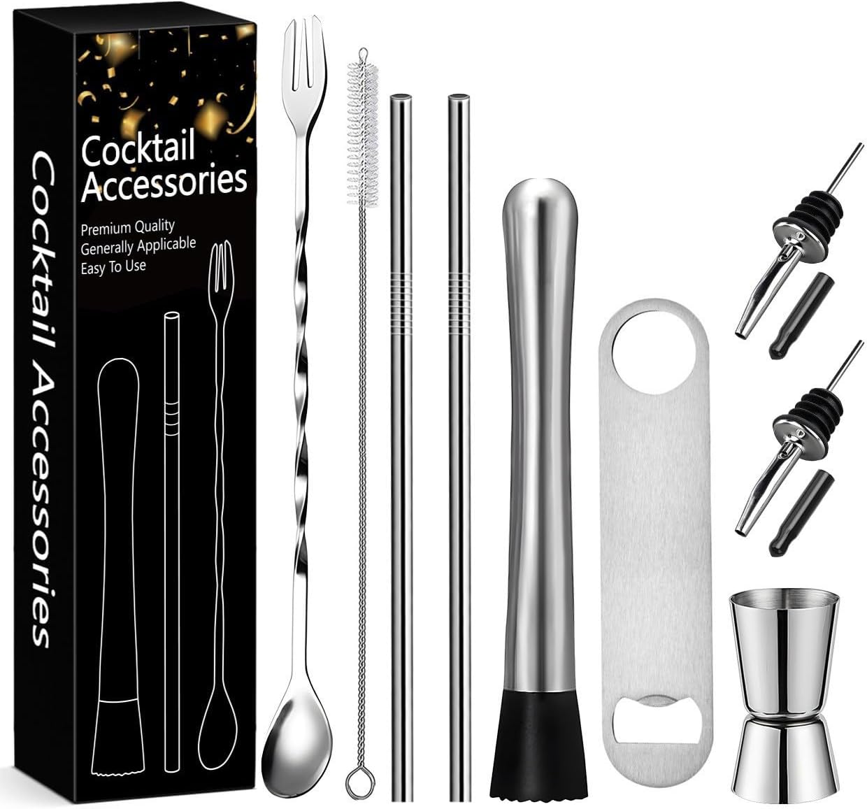 9-Piece Bar Set: Muddler for Cocktails, 8” Cocktail Muddler & Bar Accessories Kit with Mixing Spoon Jigger pourer bottle opener Straws Brushes, Stainless Steel Bartender Tools for Mojitos Fruit Drinks