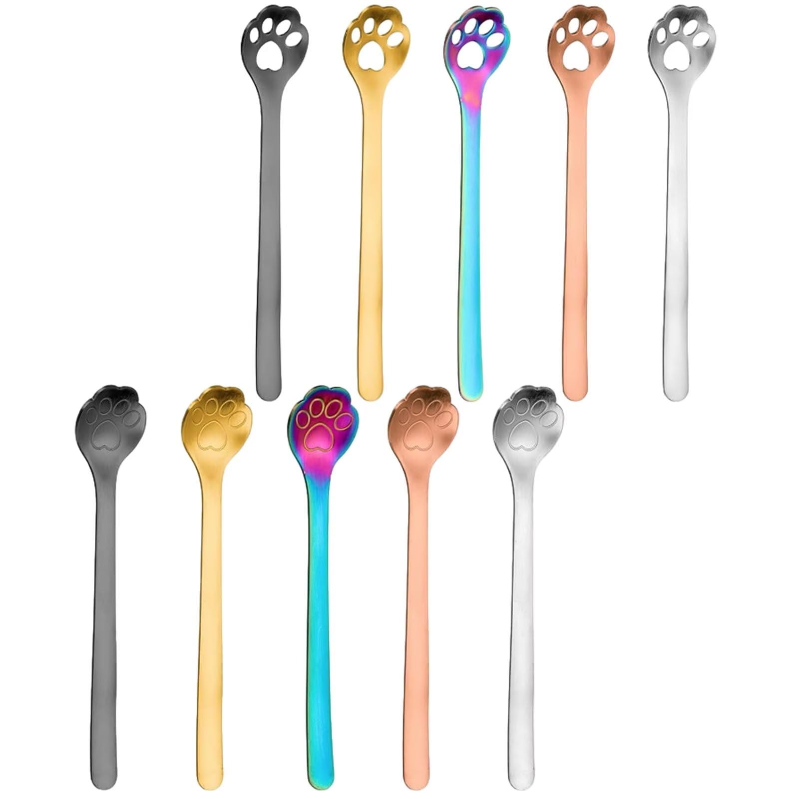 Typutomi 10 Pcs Cat Paw Spoons, Cute Stainless Steel Coffee Spoons Teaspoon Hollow Out Dessert Spoons Ice Cream Cake Stirring Spoon for Home Kitchen Party(5 Colors, 2-Style)