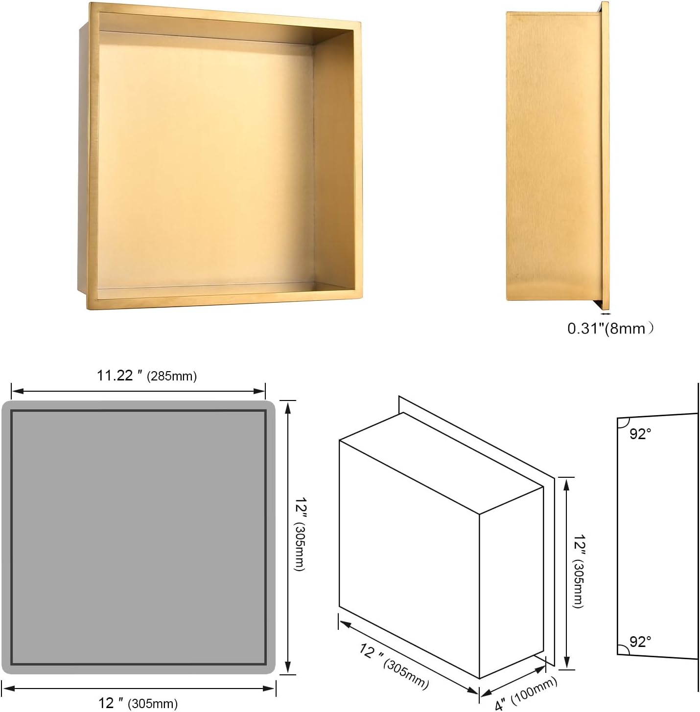 Shower Niche Gold Brushed 12"×12": Stainless Steel Shelf Organizer Waterproof Recessed Niche for Shower Wall - Square Corners Wall-Inserted Storage for Shower Bathroom
