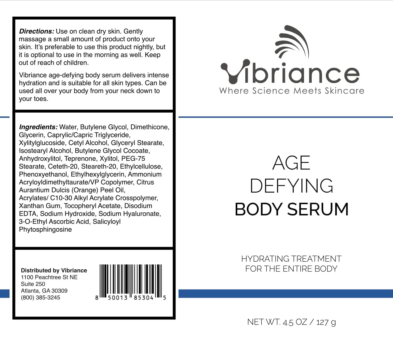 Vibriance Suero Cuerpo Antienvejecimiento, 133 ml, antienvejecimiento y ultra hidratante, enriquecido con ácido hialurónico - Corrector De La Piel Crepa Rápida Absorción Para Arrugas Y Sequedad