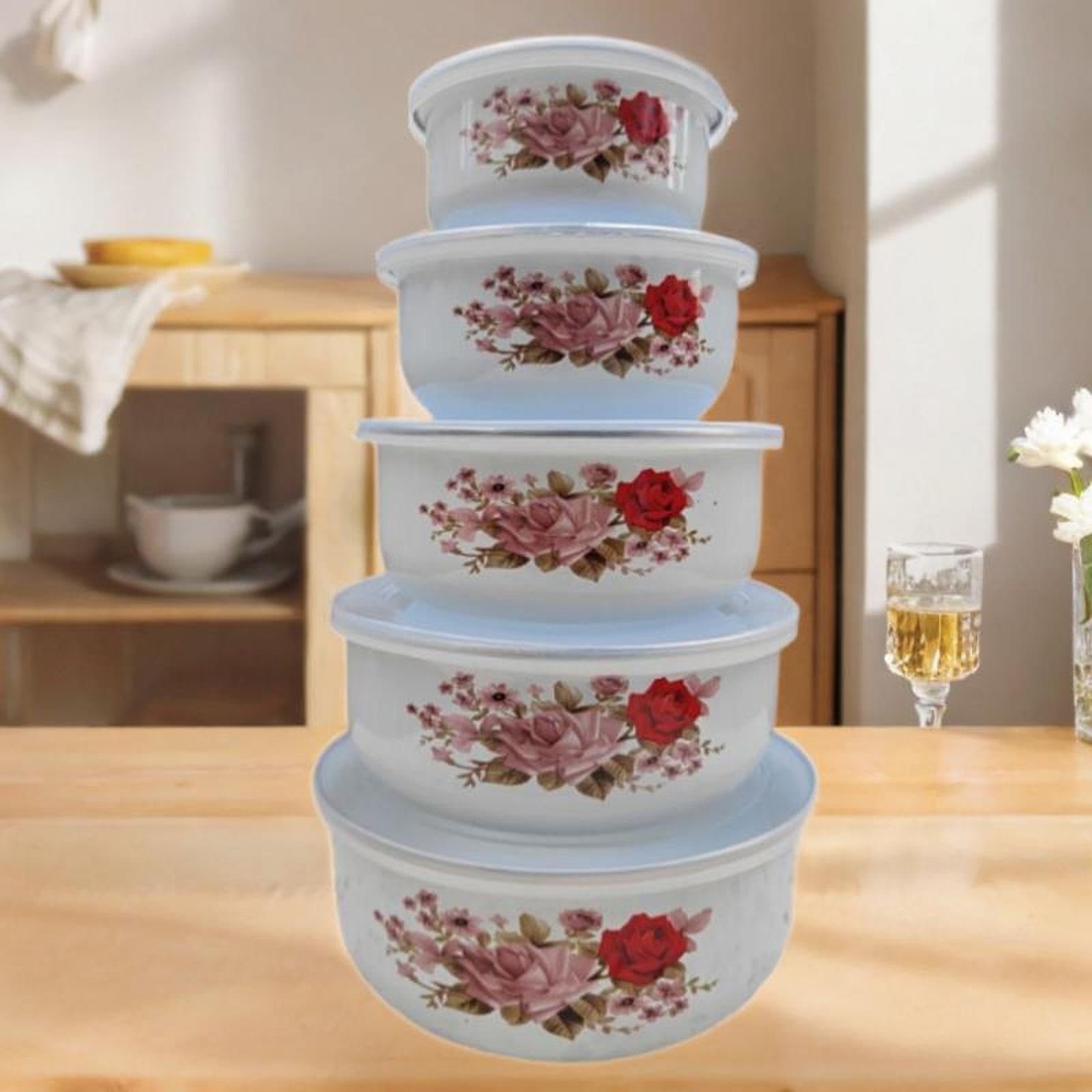 Set di 5 Ciotole Smaltate con Coperchio per La Preparazione E La Conservazione degli Alimenti, Style a