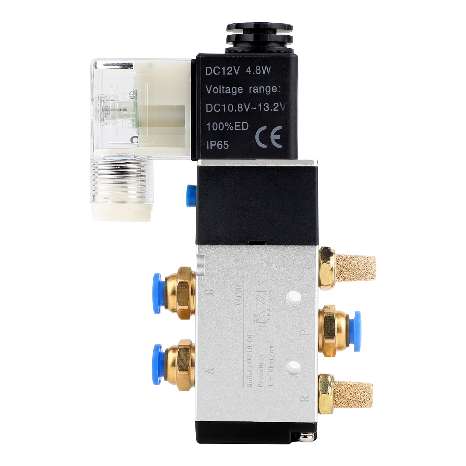 12 V Pneumatic Solenoid Valve DC Electric Solenoid Valve 1/4 Inch 5-Way 2 Positions with Connector Silencer Solenoid Compressed Air Valve Aluminium Gas Regulator for Pneumatic System