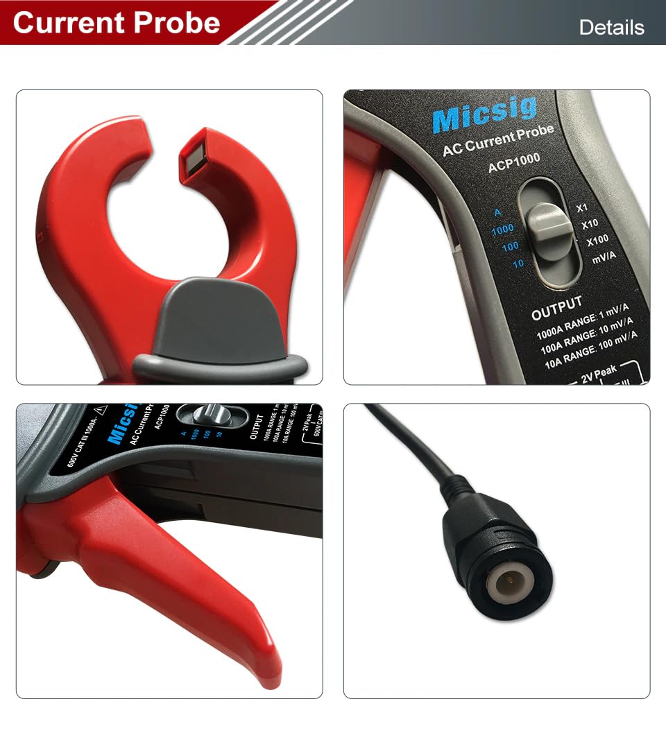 Micsig Sonda per oscilloscopio Sonda di corrente CA ACP1000 RCP500 100/300 KHz Strumento di misurazione della corrente CA 1000/500 A Sonda di rilevamento dati Anto (ACP1000)