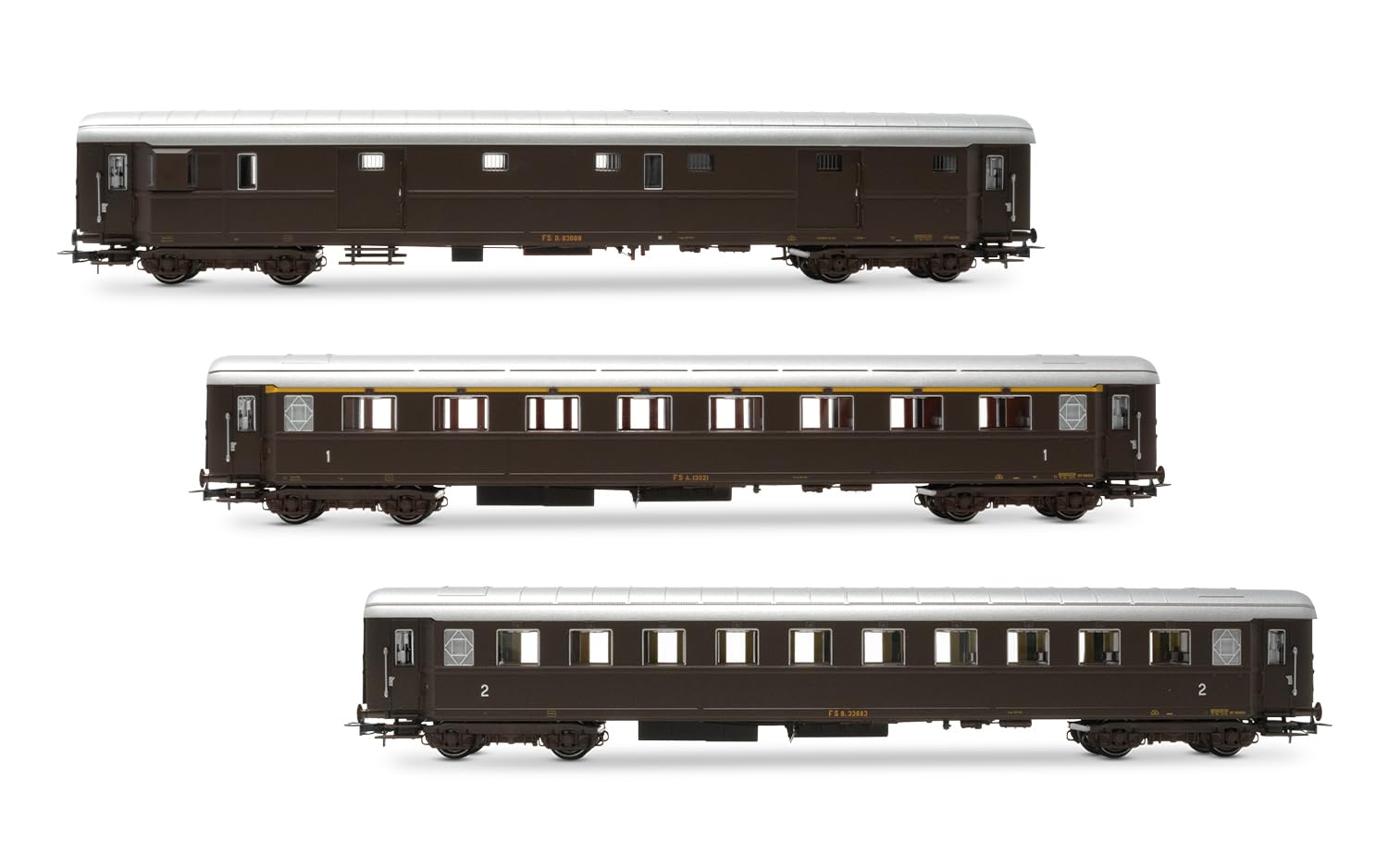 Rivarossi Hr4365 Fs, Pack of 3 PCs, Luggage Van Dz 83000 and Az 13010 Type 1946 1 Class and Bz33010 Type 1946 2 Class, Castano colors, Iiib, Wagon rolling stock