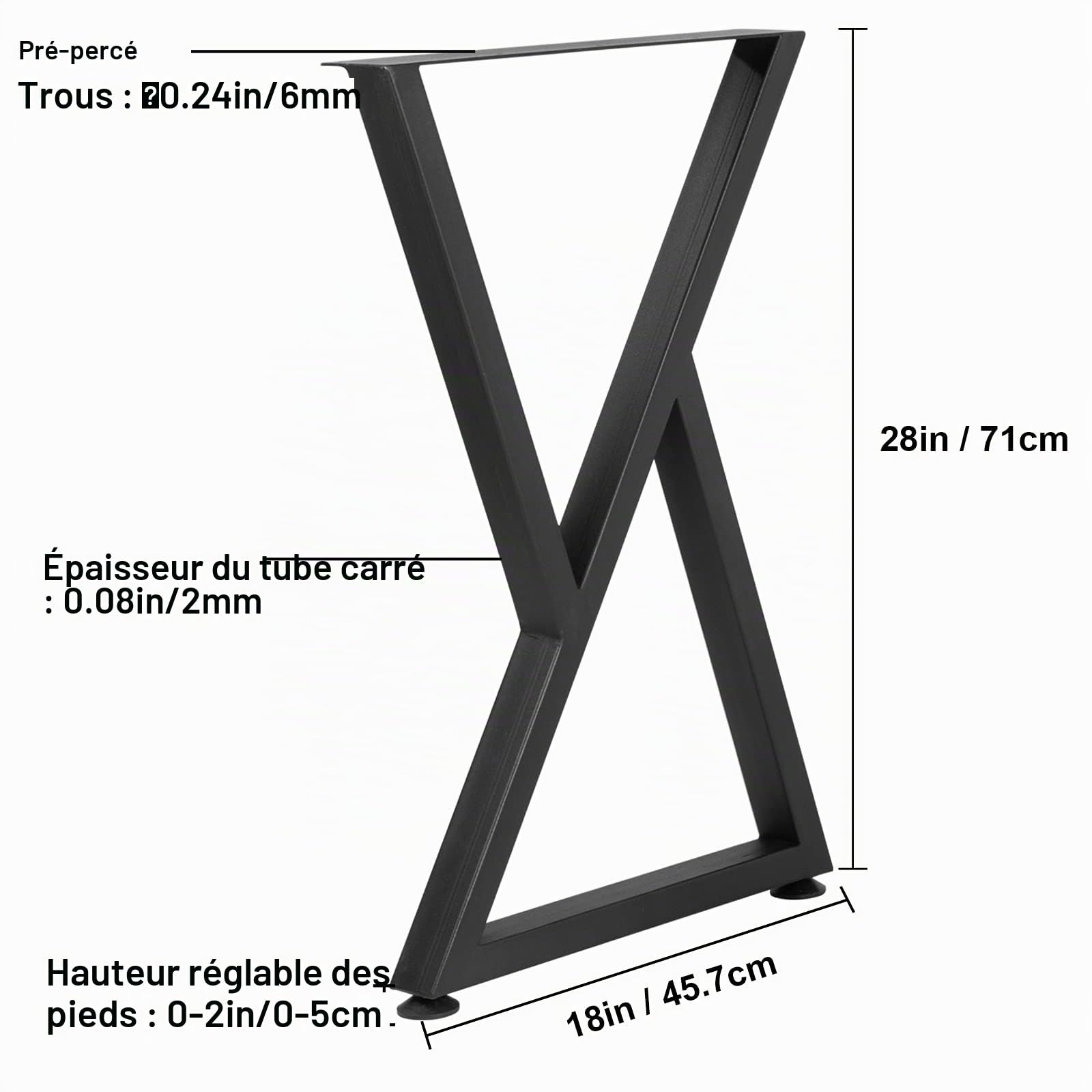 VEVOR Pieds de Table en métal, 71,1x45,7 cm, Pieds de Bureau, Lot de 2, Pieds de Meubles Forme Z, Pieds de Table Basse, Bricolage à Domicile pour Table à Manger avec Protections de Sol en Caoutchouc