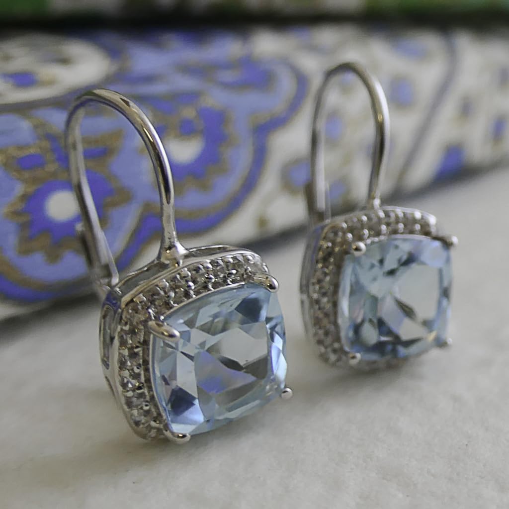 Blautopas Ohrhanger 925 Sterling Silber (Silber) | Kissenschliff Edelstein mit Zirkonia Halo - Handverlesener Naturstein - Geschenkidee fur Frauen - Designed in Norwegen