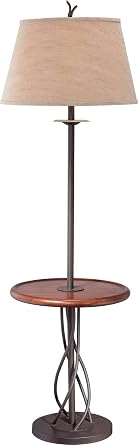 Franklin Iron Works Rustic Farmhouse Country Cottage Core Floor Lamp with Tray End Table 63.5" Tall Wood Twisted Iron Base Brown Linen Fabric Tapered Drum Shade for Living Room Reading House Bedroom